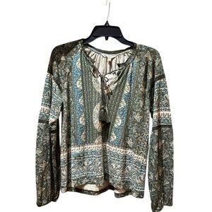 Lucky Brand  Modal Teal Green Floral Crochet Lace Boho Peasant Blouse Small NWT